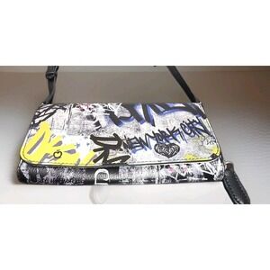 DKNY Graffiti Print Crossbody Wallet Small‎ Black Yellow Adjustable Strap EW Zip